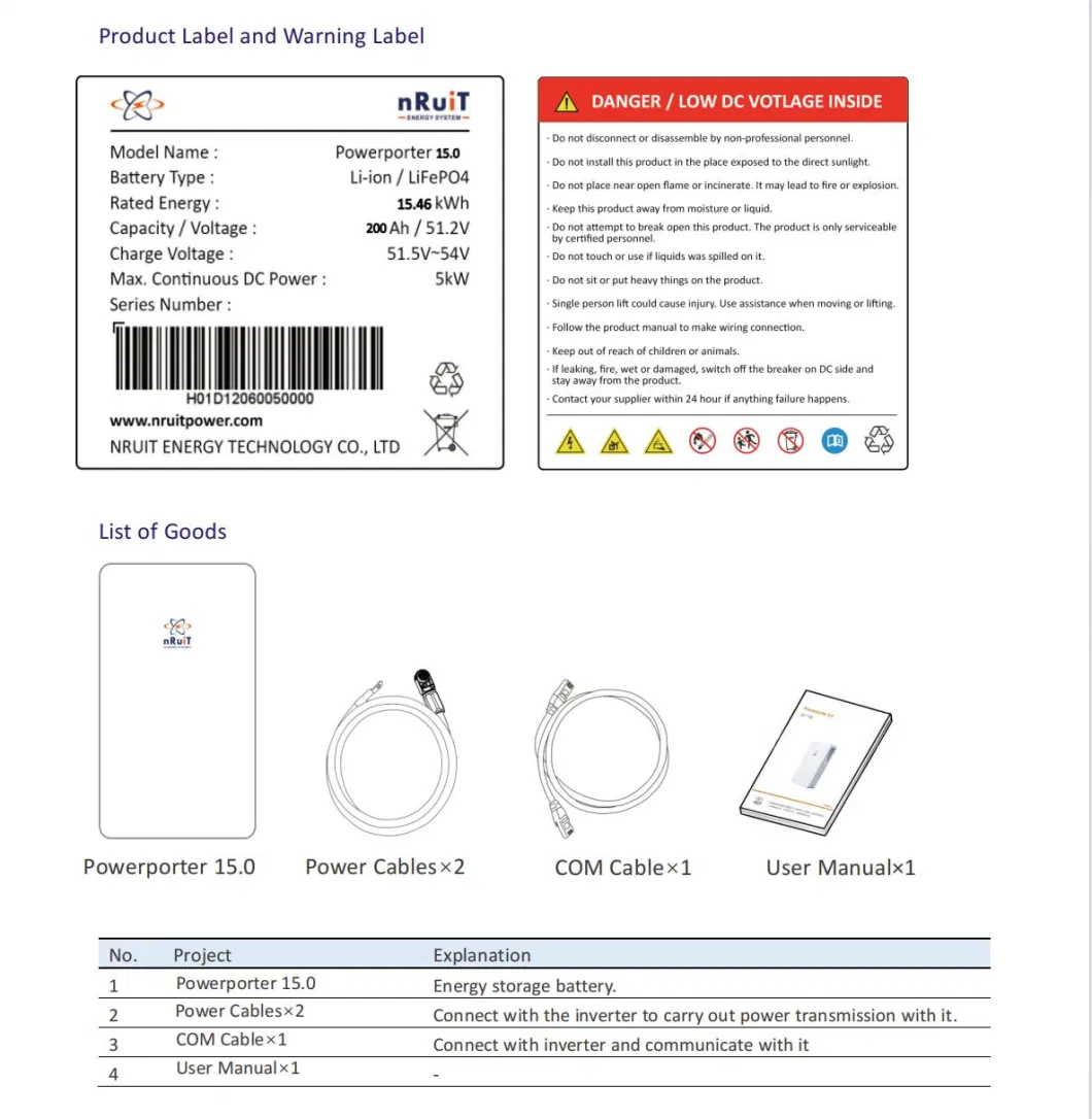 Nruit Power Porter 15.0kwh 302ah 51.2V Floor Mount Solar Lithium Energy Battery for Rechargeable/UPS/Solar Panel/Power Storage/Inverter