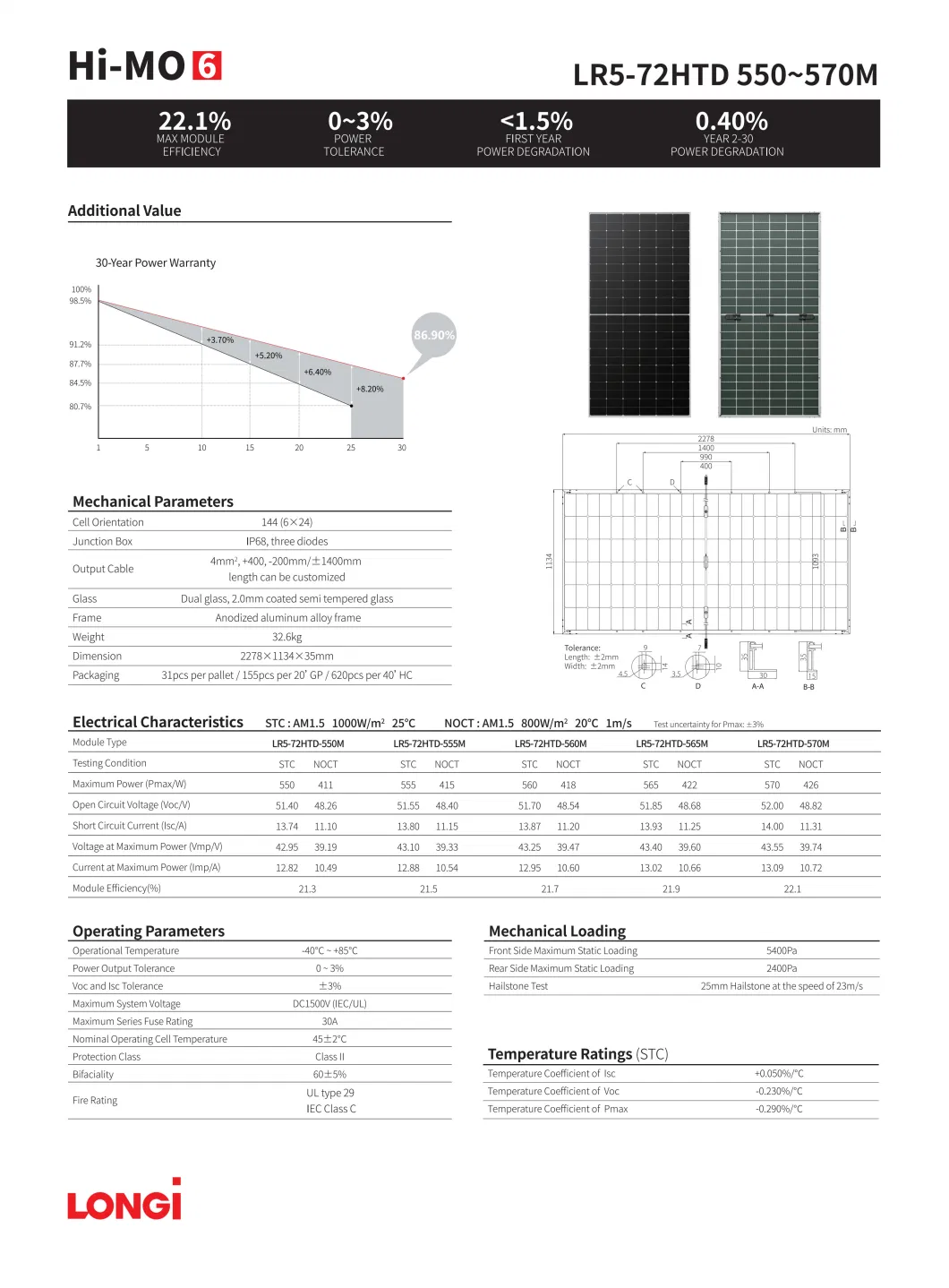 Longi Tier1 Solar Panel Hi-Mo6 New Model 560W 565W 570W 575W 585W PV Module