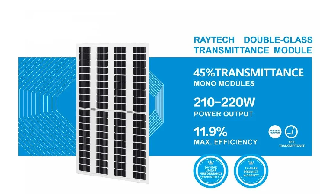 Raytech Double Glass PV Modules Transparent Solar Panel 215W 220W 360W 40%