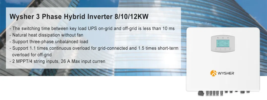 Wysher 8kw 10kw 12kw 20kw 24kw Three Phase Hybrid Solar Panel Inverter for Energy Storage System with 2 MPPT Controller