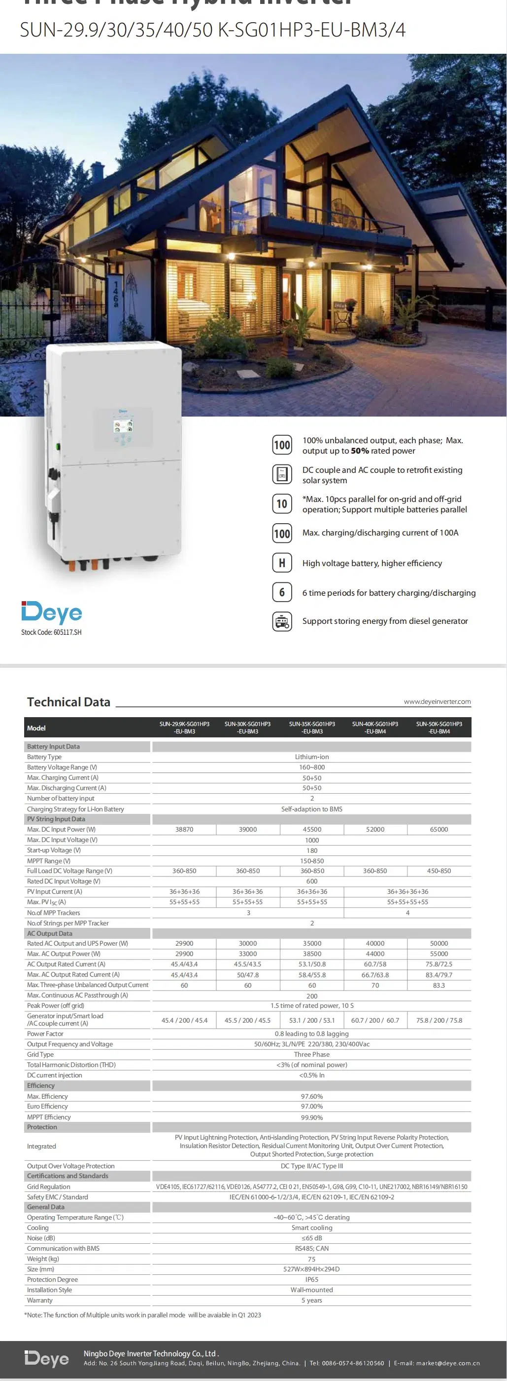 Europe Stock High Voltage Deye Three Phase Hybrid Inverter 30kw 40kw 50kw for Big Power Solar Energy System Used Factory Installation