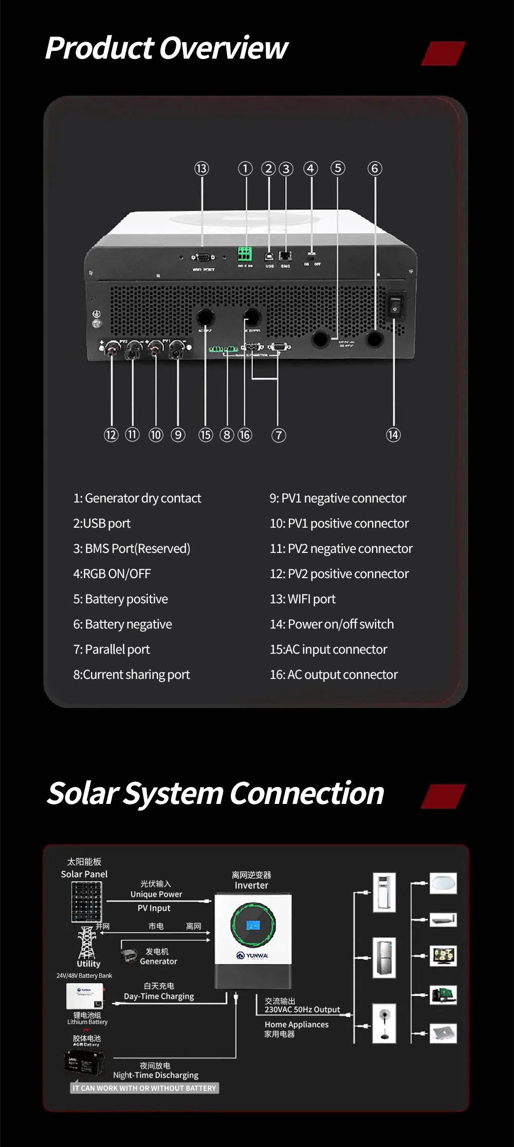 Output Photovoltaic Parallel Power 8kw 220V 48volt Hybrid Solar Inverter for Home