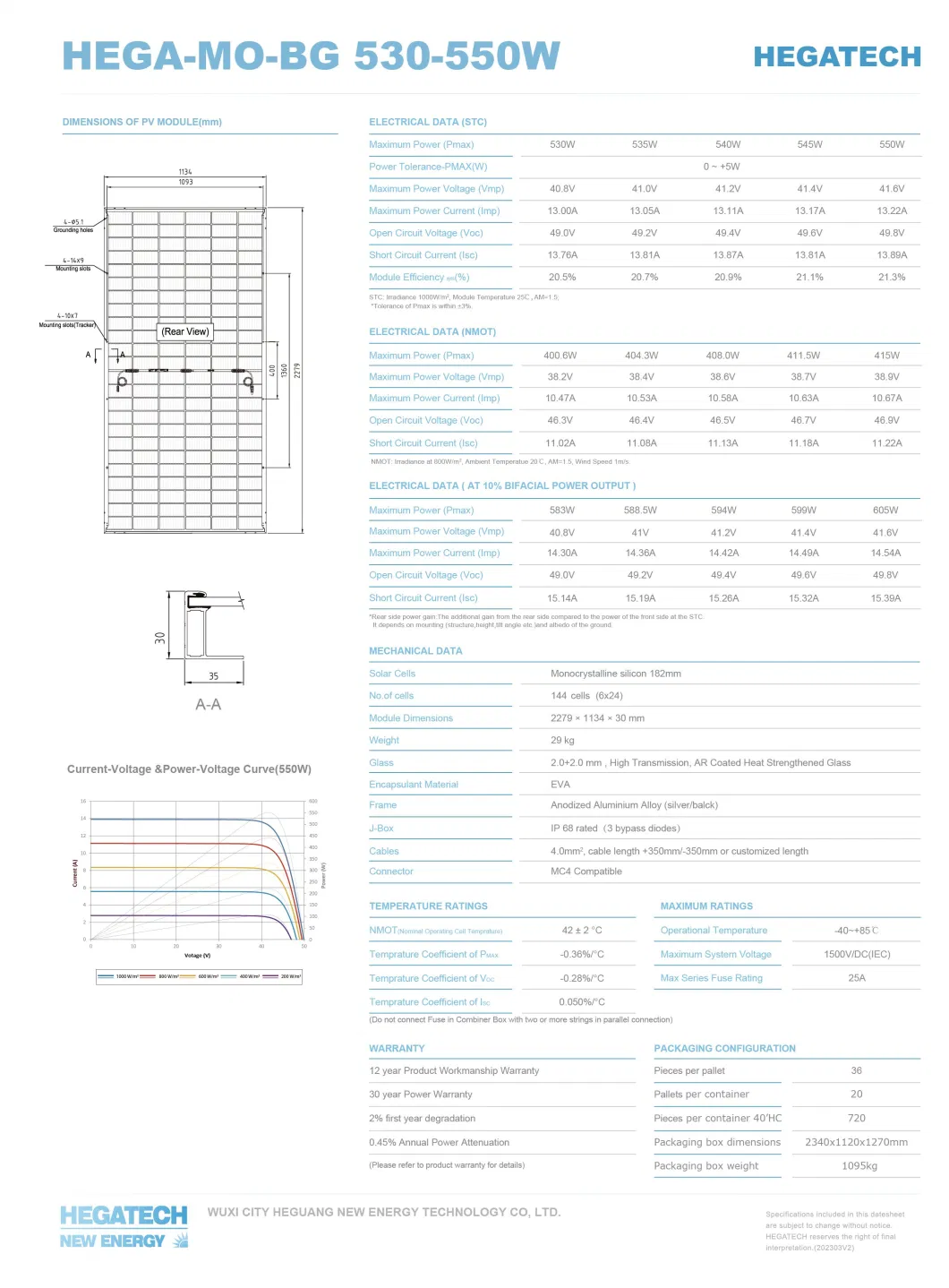 Hegatech Half Cell Solar Panel 182mm-530W 535W 540W 545W 550W-Bg