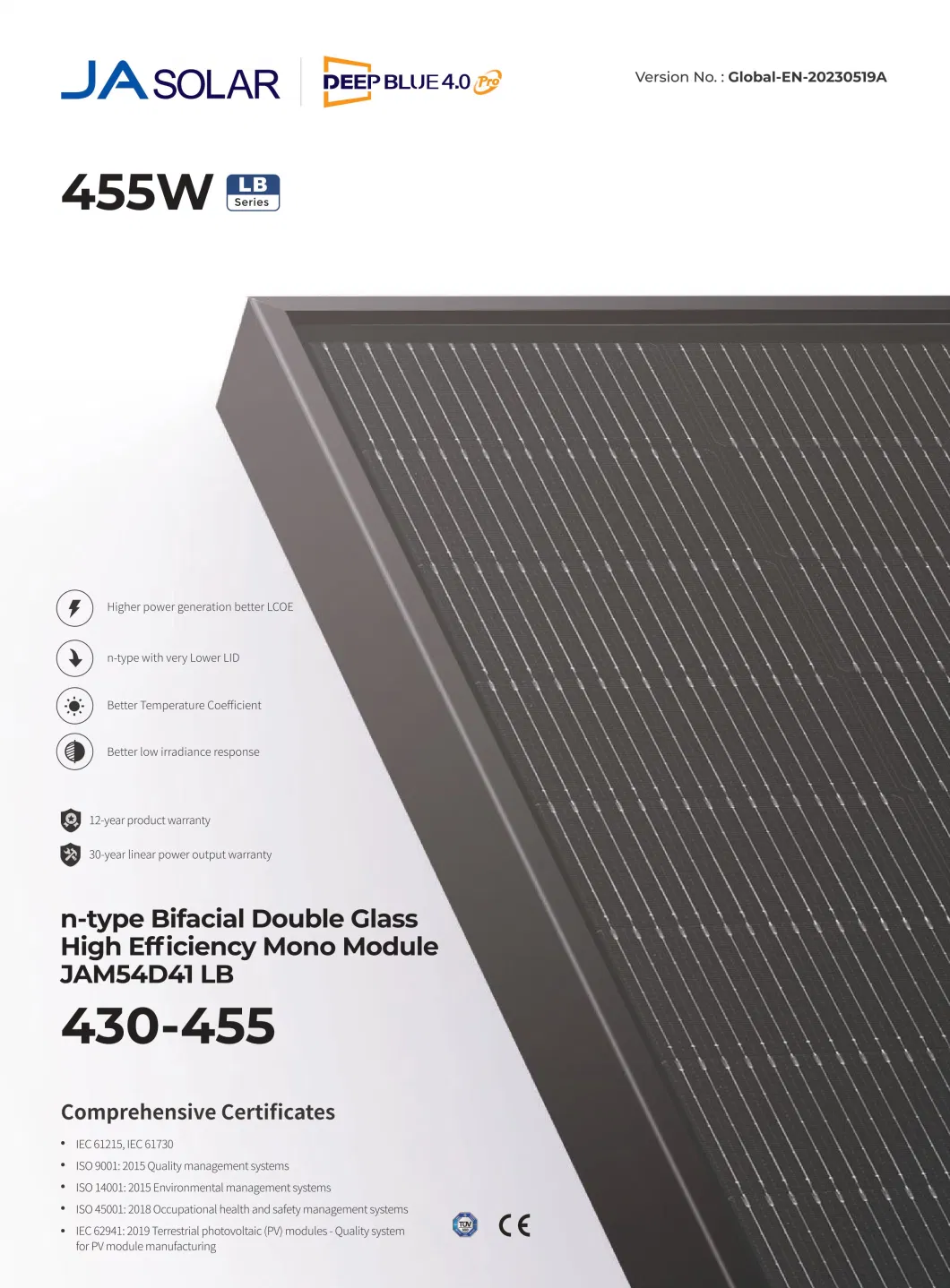 Ja Solar 455W N-Type Bifacial Double Glass High Efficiency Mono Module Jam54D41 Lb 430-455 430W 435W 440W 445W 450W 455W Watt Solar Panel