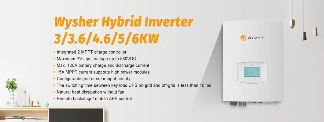 Wysher 3kw 5kw 8kw 10kw Single Phase Hybrid Solar Panel Inverter for Energy Storage System with 2 MPPT Controller