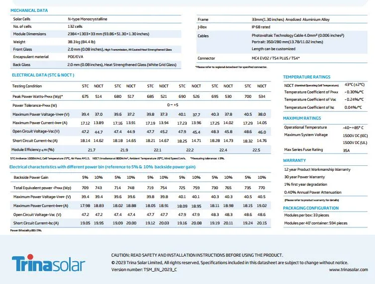 Trina Tsm-Neg21c. 20 690W 695W 700W Bifacial N Type Topcon Solar Panel