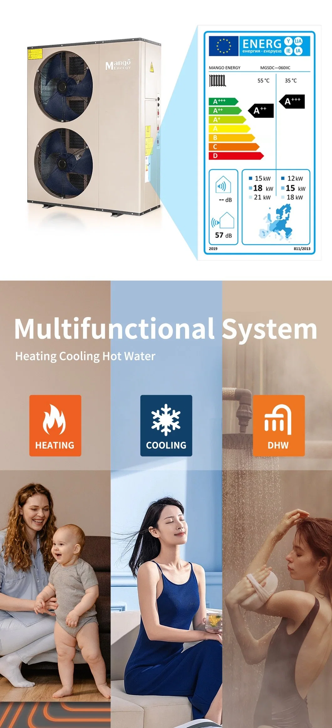 a+++ ERP Air to Water Heat Pump High Cop Heating Cooling Hot Water Heater Solar Panels