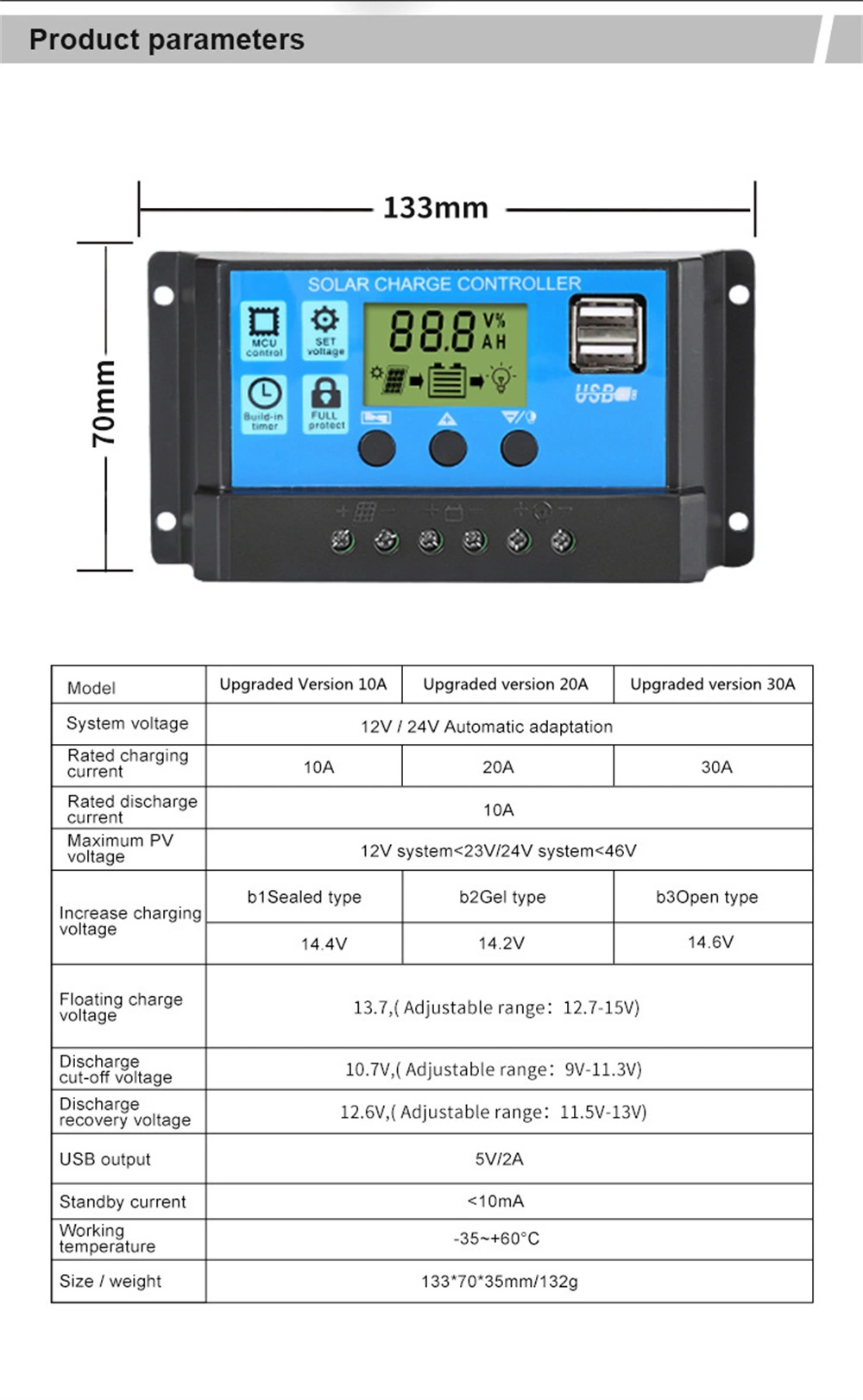 Upgraded Smart Solar Charge Controller 10A 20A 30A 12V 24V Auto PWM PV Regulator LCD Dual USB Solar Charge Controller for Solar Panel Battery Charger