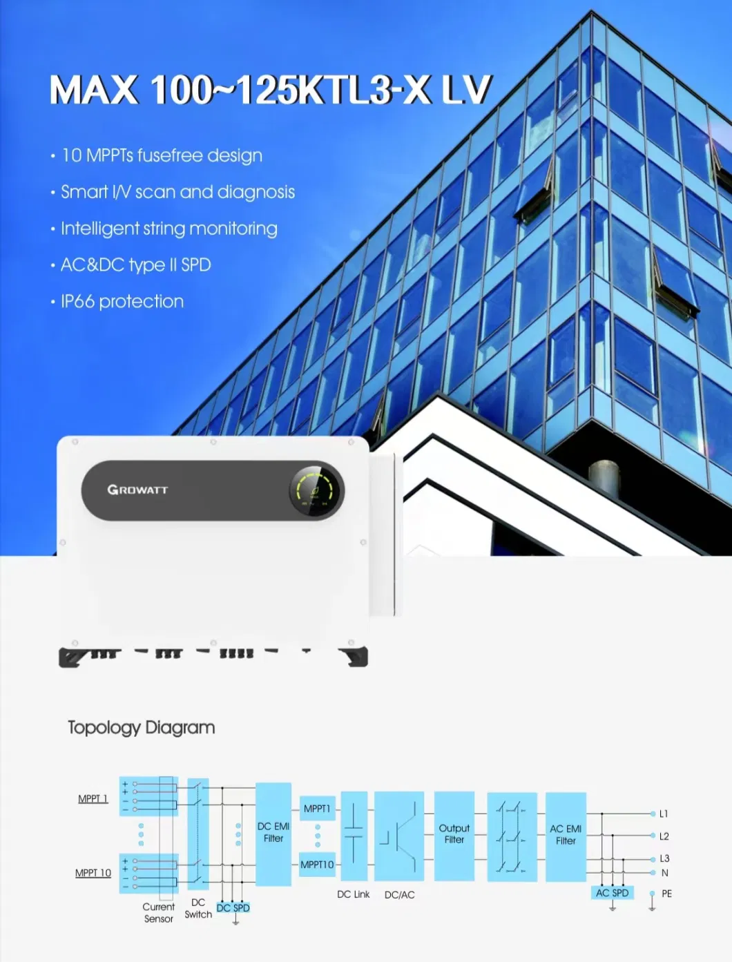 High Quality on Grid Solar Inverter 100kw 110kw 120kw Growatt Grid Tied Inverter IP66