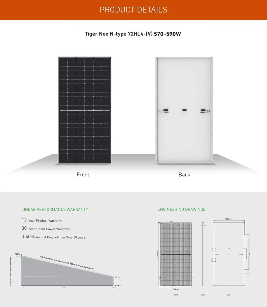 Jinko Solar Panel N Type 580W 580 Watts 585W Jkm580n-72hl4-V PV Module with English label and Long Cable