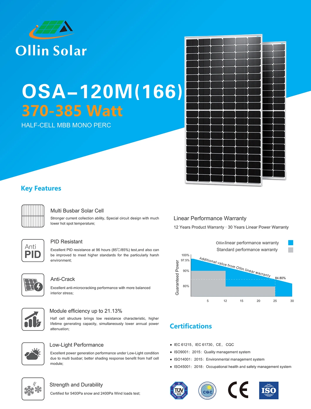 370W 375W 380W 385W PV Energia Flexible Mono All Crystalline Full Shingled Perc Poly IP68 Solar Panel