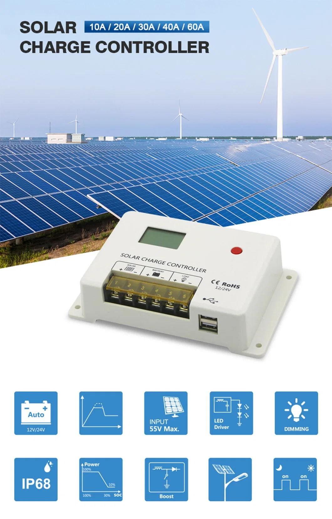 60A MPPT Solar Panel Battery Charger 12V 24V 36V 48V Solar Charger Controller MPPT 60A for Solar System