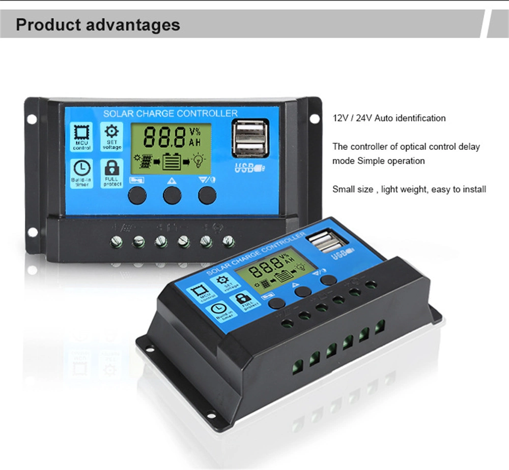 Upgraded Smart Solar Charge Controller 10A 20A 30A 12V 24V Auto PWM PV Regulator LCD Dual USB Solar Charge Controller for Solar Panel Battery Charger