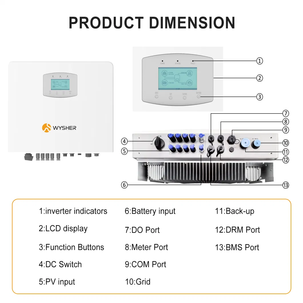 Wysher 8kw 10kw 12kw 20kw 24kw Three Phase Hybrid Solar Panel Inverter for Energy Storage System with 2 MPPT Controller