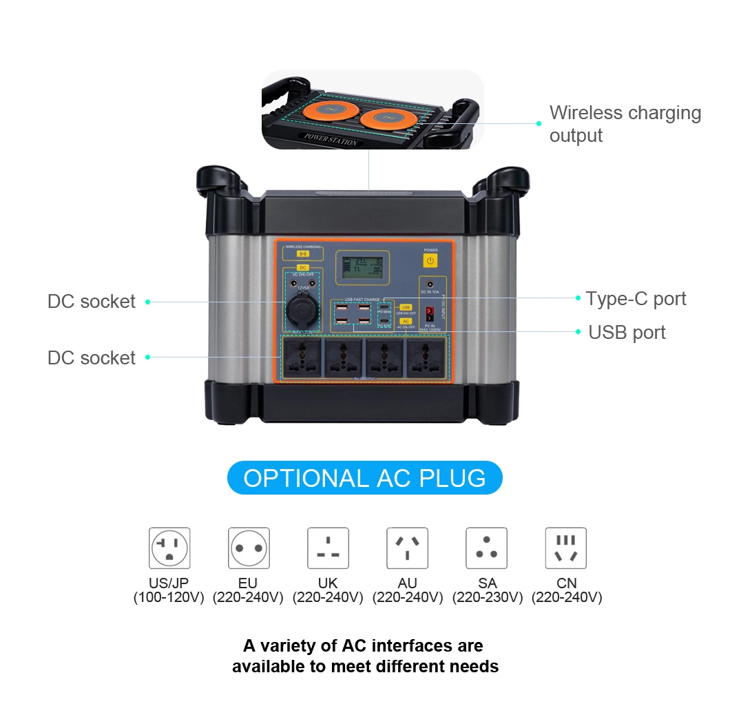 Aoke 1000wh 220V Ess LFP UPS USB Type-C Solar Hybrid Inverter Outdoor Camping Wireless Fast Charging Portable Power Bank Battery