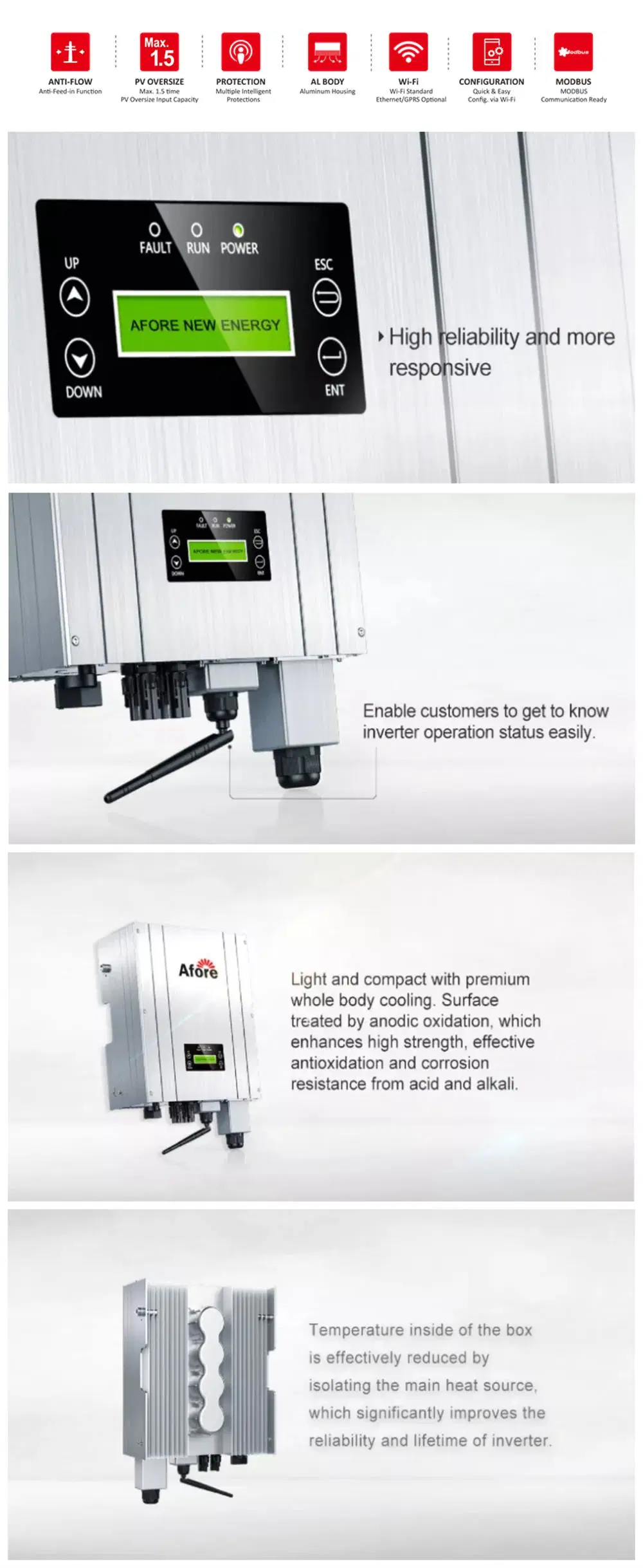 Afore Micro Inverter Solar 5kw 10kw 3 Phase on Grid Solar Inverter