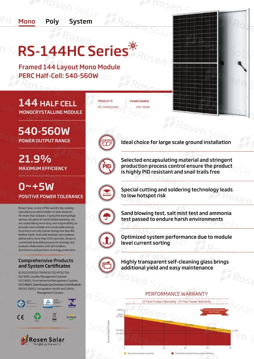 Rosen Solar Panel 550 Watt System Monocrystalline 48 Volts Solar Panel 550W Price EU Warehouse Stock