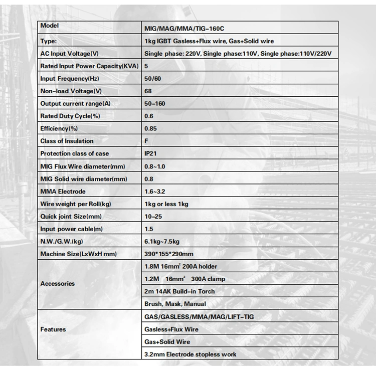 4 in 1 Metal 160 AMP Welder MIG TIG MMA Mag Welding Machine Welding Inverter
