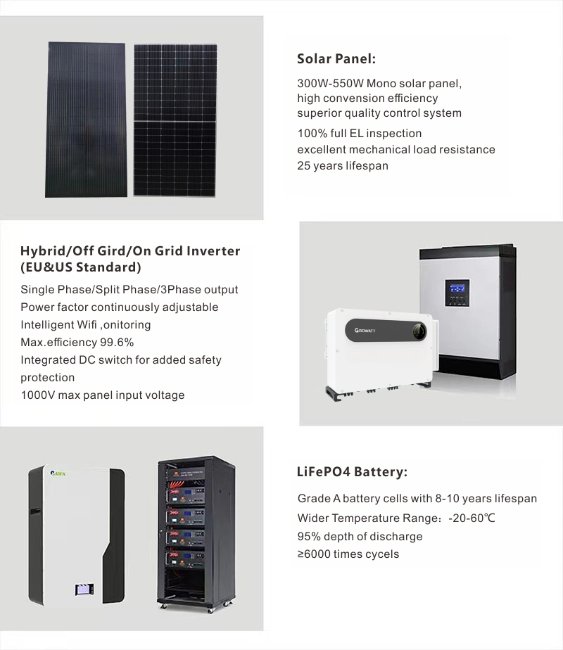 Full Set 5kw 6kw 8kw 10kw 12kw 15kw Solar PV Cells Panel Energy Storage System Home Inverter Power