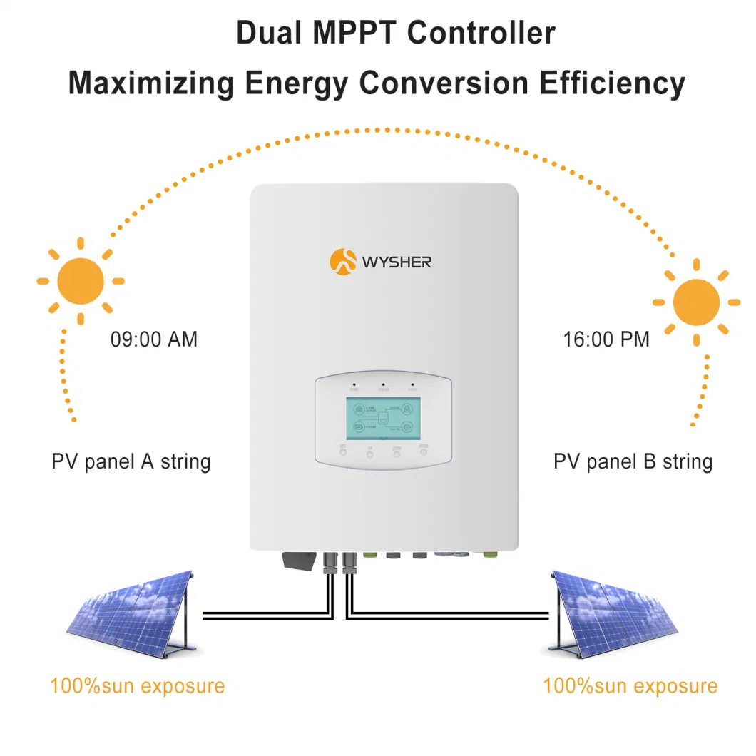 Wysher 3kw 5kw 8kw 10kw Single Phase Hybrid Solar Panel Inverter for Energy Storage System with 2 MPPT Controller