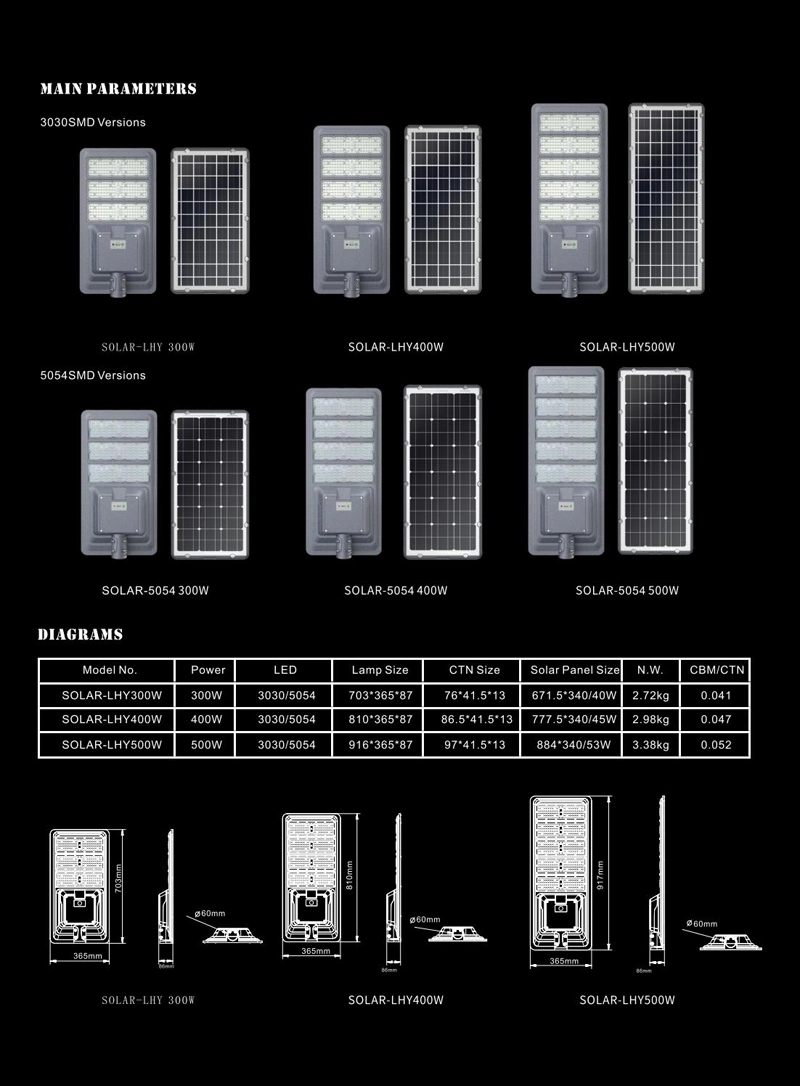 High Quality 300W 400W 500W Streetlight IP66 All in One Solar Integrated Street LED Lamp with Solar Panel