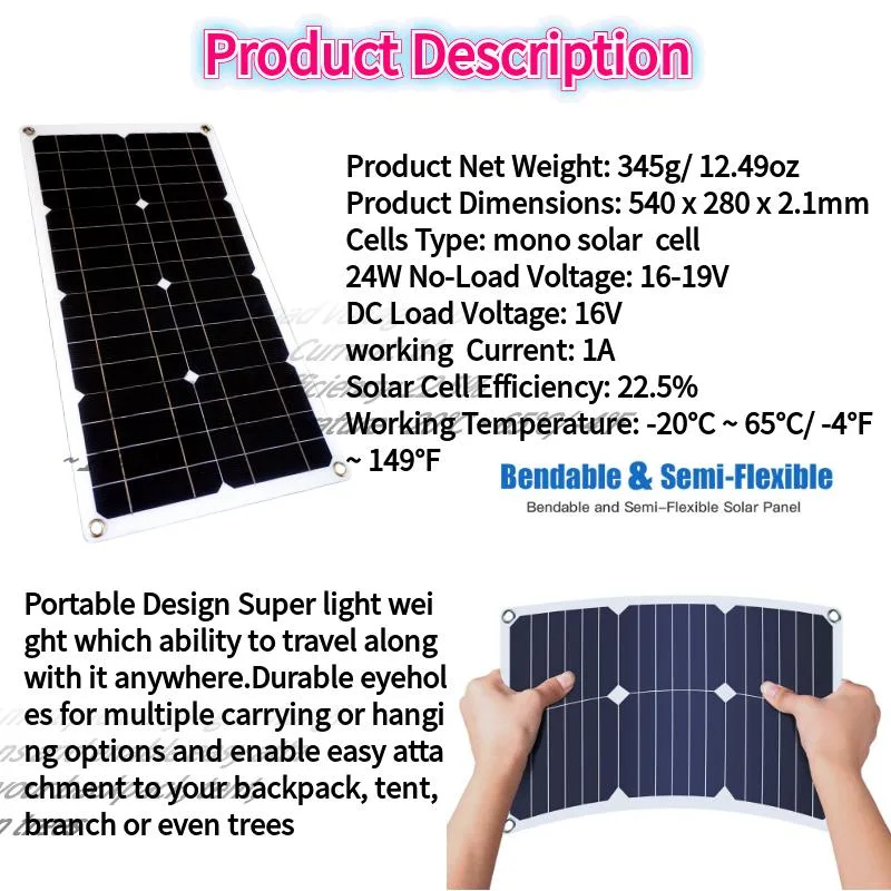 Flexible Thin Film Mono Solar Panel 5W 10W 20W 30W USB for Mobile Power Bank