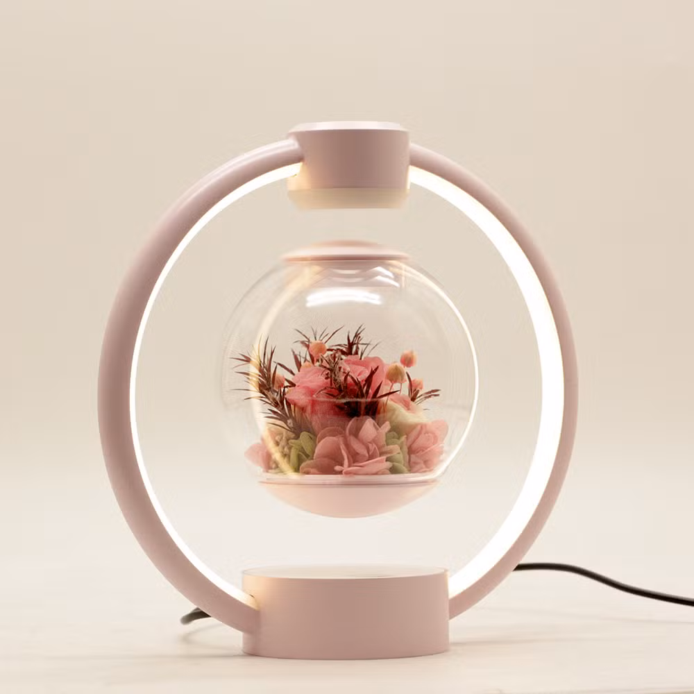 Pink Color Heart Shape Magnetic Levitation Floating Preserved Flower Lamp Light for Christmas Gift Home Business