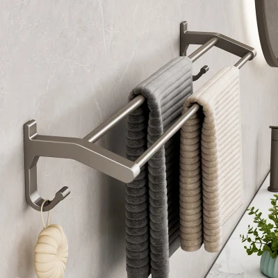 Gun Gray Wall Mounted Adhesive Double Aluminum Bathroom Fitting Towel Rack