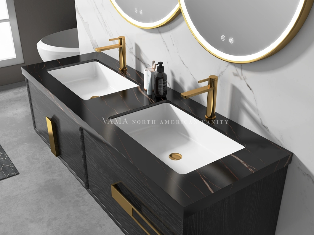 Vama 1600mm Modern Minimalist Furniture Golden Handles Sintered Stone Counter Top Luxury Bathroom Vantiy with LED Mirror A30516