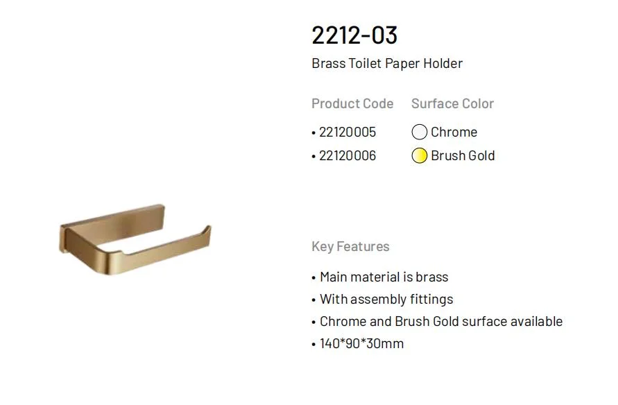 2212 Series Wall Mounted Brushed Gold Brass Accessories Bathroom Hardware Set