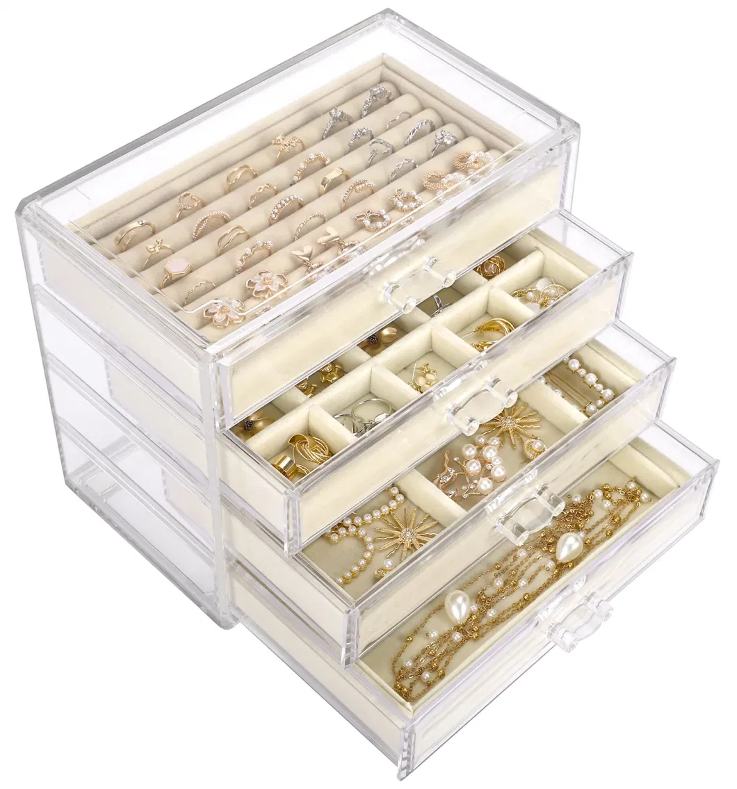 Acrylic Jewelry Organizer Clear Jewelry Box with 4 Drawers Velvet Rings Earring Necklace Bracelet Display and Storage Case for Women