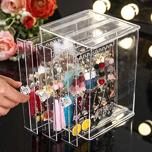 Clear 3 Vertical Drawer Earring Display Box Stand Organizer Jewelry Hanger Storage Case