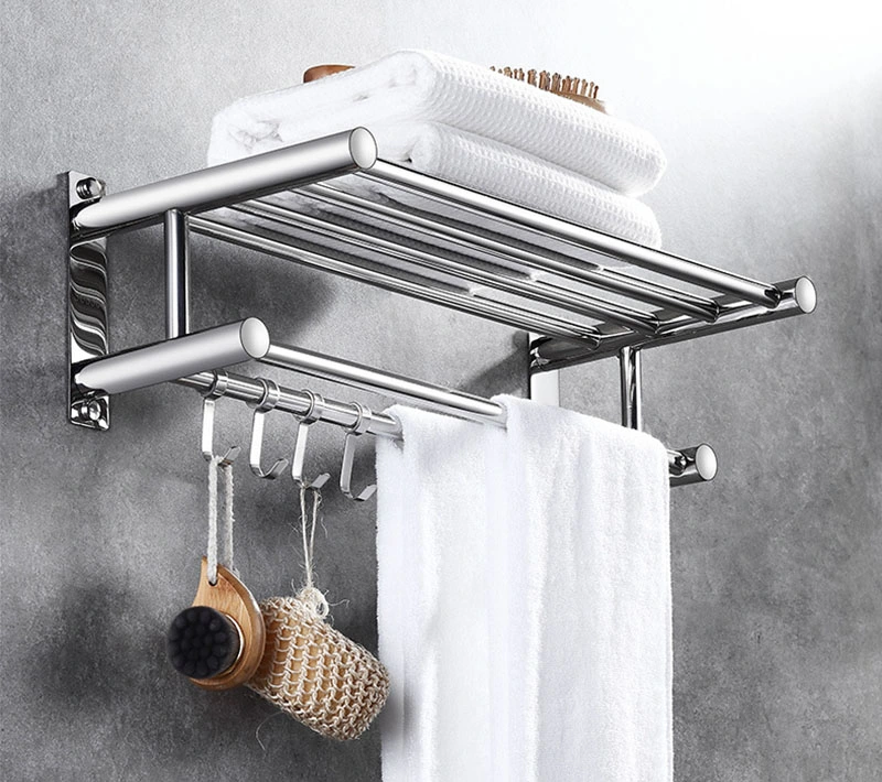 Bathroom Towel Rack with Tower Bars SUS304 Towel Shelf Wall-Mounted Shower Hanger with Hooks Stainless Steel Storage Holder