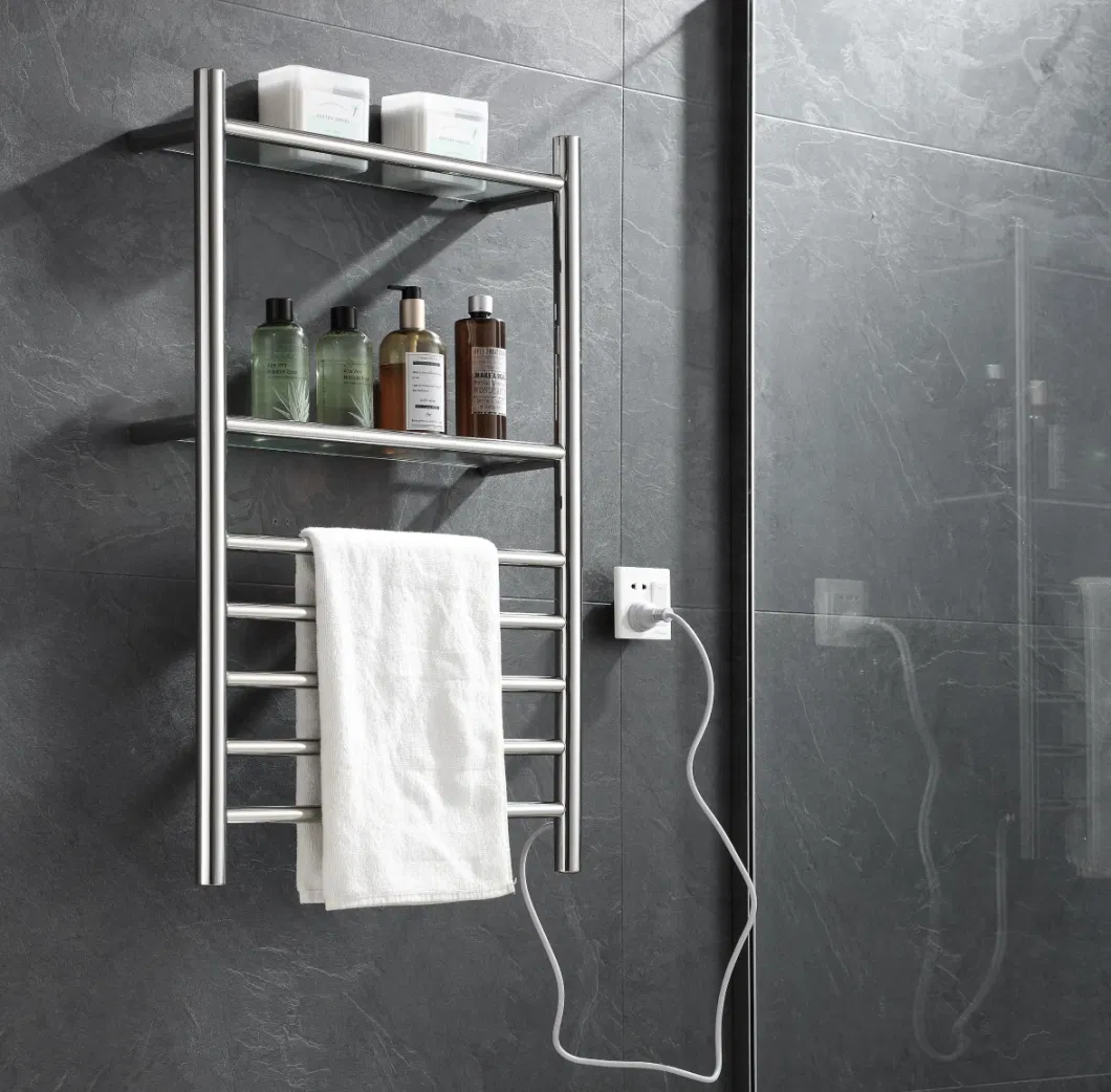 New Design Bathroom Electric Heated Towel Warmer Rack with Flat Panel Double Shelf