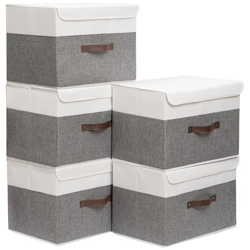 Collapsible Storage Boxes 1 Pack Linen Fabric Storage Baskets Washable with Lids and Leather Handle for Home Bedroom Closet Office