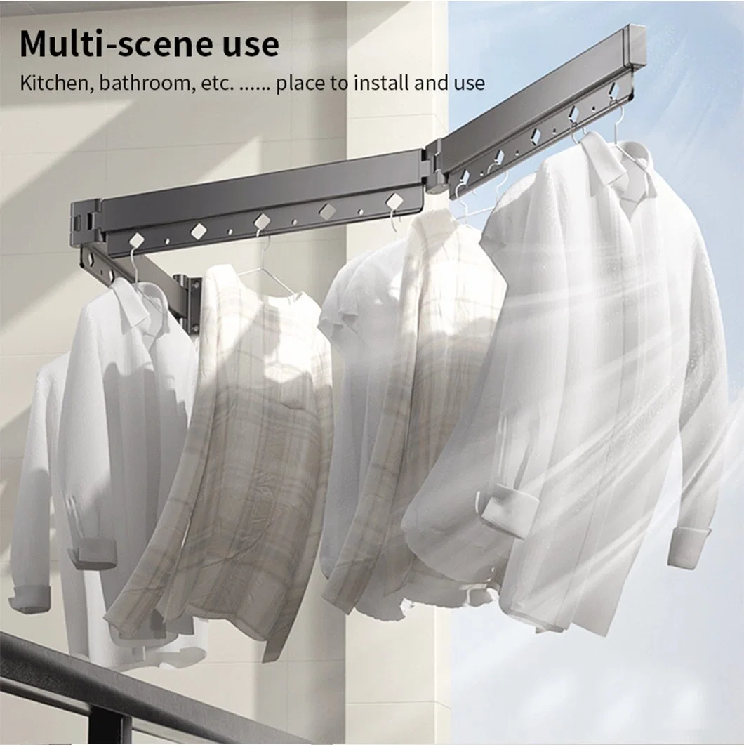 No Punching Extendable Folding Hanger Wall Mount Steel Cloth Drying Rack Indoor