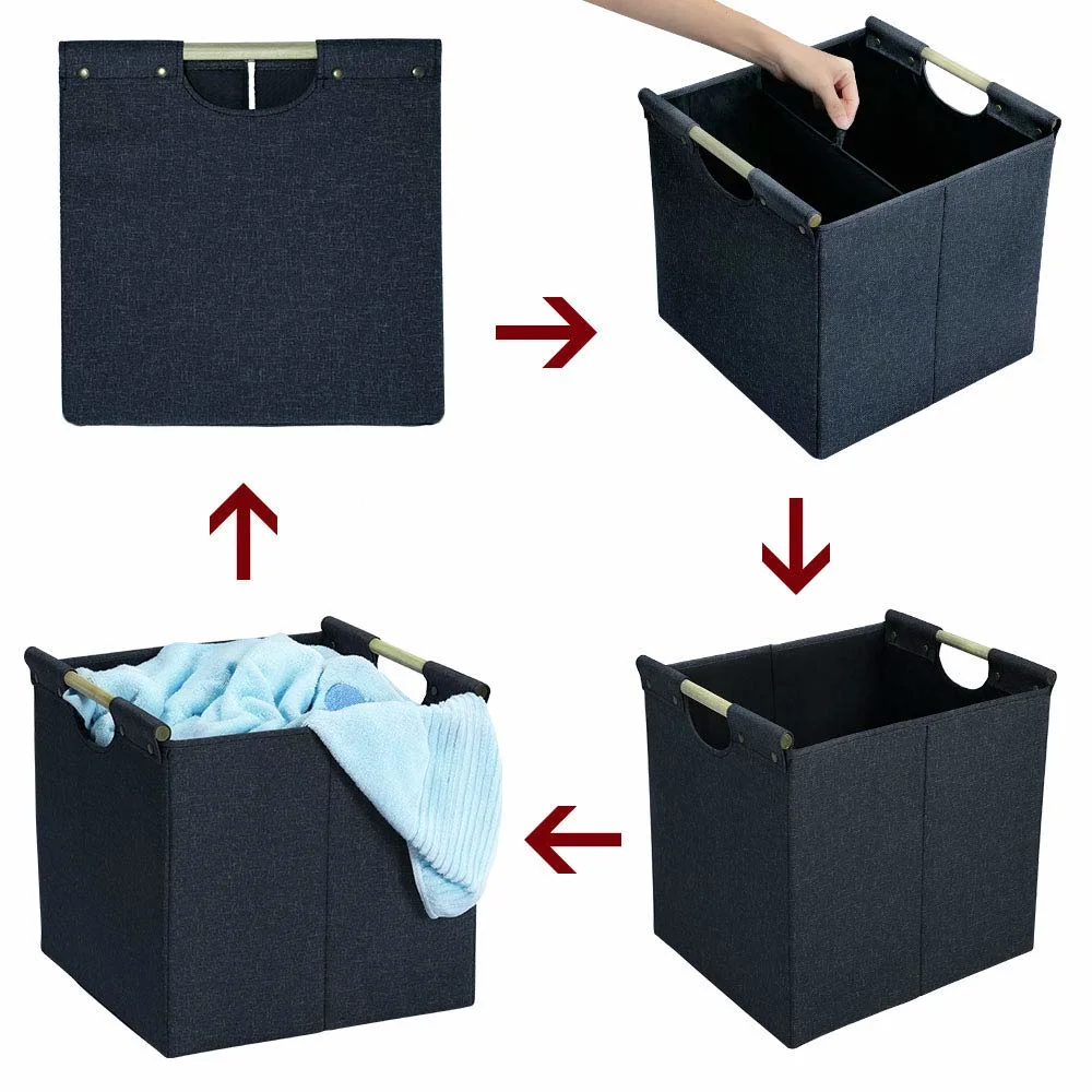 Collapsible Storage Bins Storage Baskets with Wooden Carry Handles and Sturdy Heavy Cardboard for Home Office Car Nursery Storage