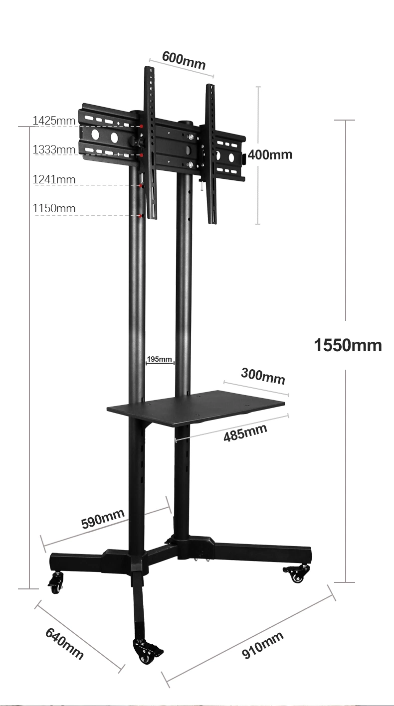 Portable Office Accessories Vesa 600*400 Adjustable LED LCD TV Mount Stand Cart Tilt TV Trolly Stand with Four Wheels