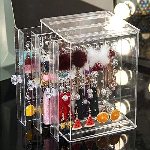 Clear 3 Vertical Drawer Earring Display Box Stand Organizer Jewelry Hanger Storage Case