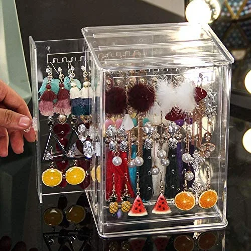 Clear 3 Vertical Drawer Earring Display Box Stand Organizer Jewelry Hanger Storage Case