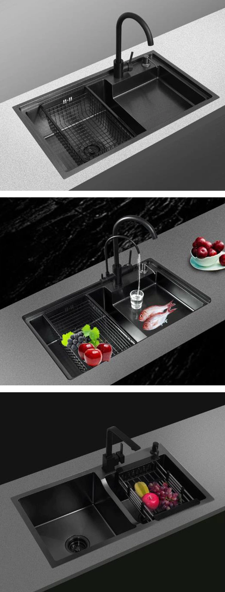 Black Nano Stainless Steel Double Bowl Sink with Drain Basket for Kitchen