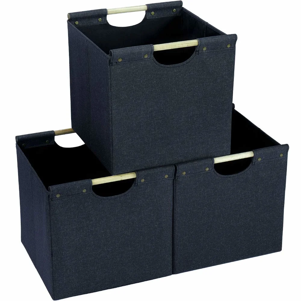 Collapsible Storage Bins Storage Baskets with Wooden Carry Handles and Sturdy Heavy Cardboard for Home Office Car Nursery Storage