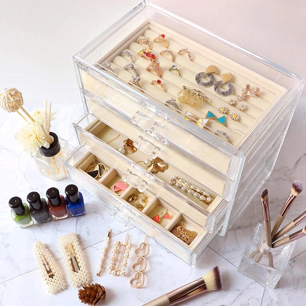 Acrylic Jewelry Organizer Clear Jewelry Box with 4 Drawers Velvet Rings Earring Necklace Bracelet Display and Storage Case for Women