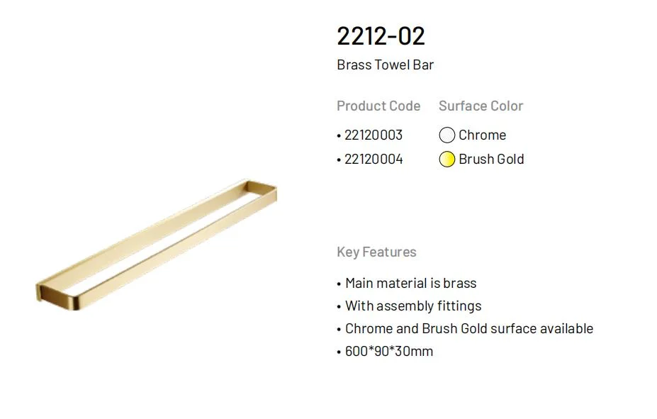 2212 Series Brushed Gold High-End Wall Mounted Brass Accessories Bathroom Hardware Set