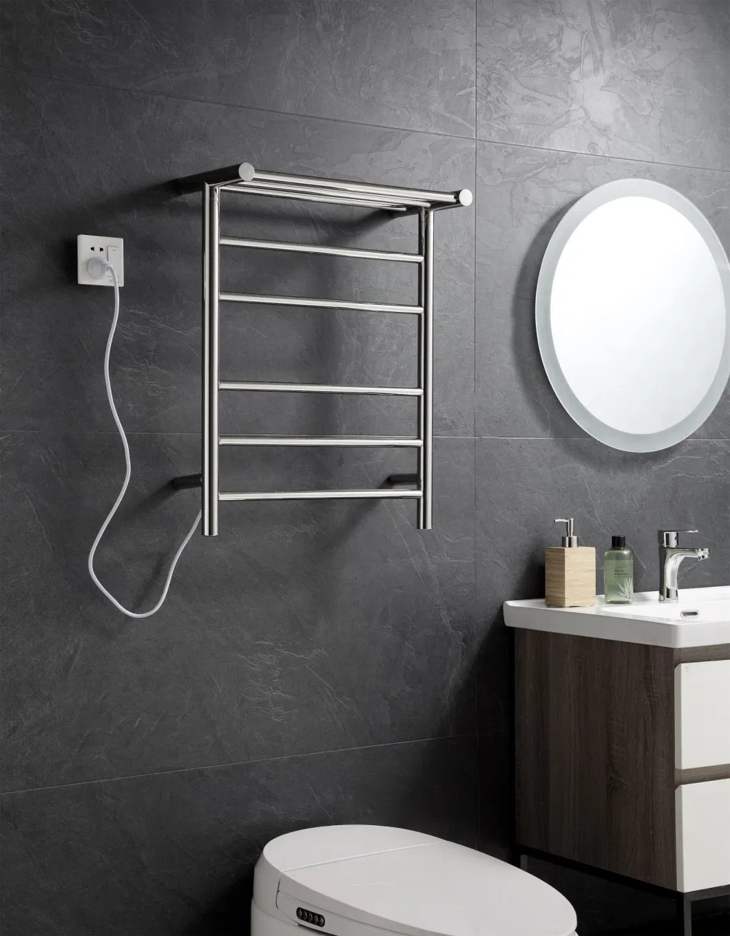 Electric Towel Rail for Bathroom Wall Mounted Drying Rack Plug-in Electric Heated Towel Rack Stainless Steel Round 5 Bars Bath Towel Heater