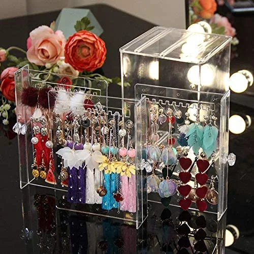 Clear 3 Vertical Drawer Earring Display Box Stand Organizer Jewelry Hanger Storage Case