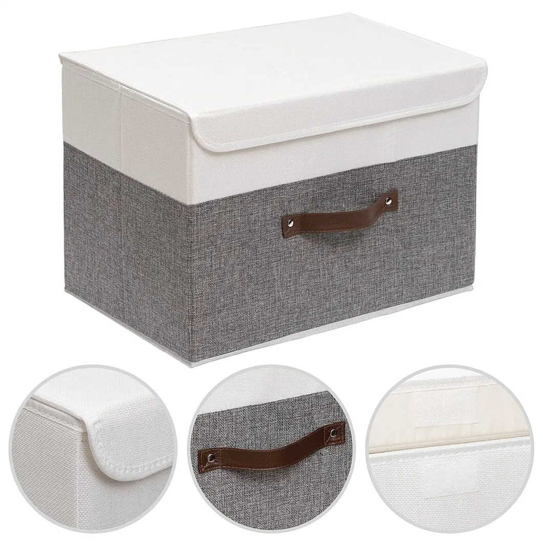 Collapsible Storage Boxes 1 Pack Linen Fabric Storage Baskets Washable with Lids and Leather Handle for Home Bedroom Closet Office