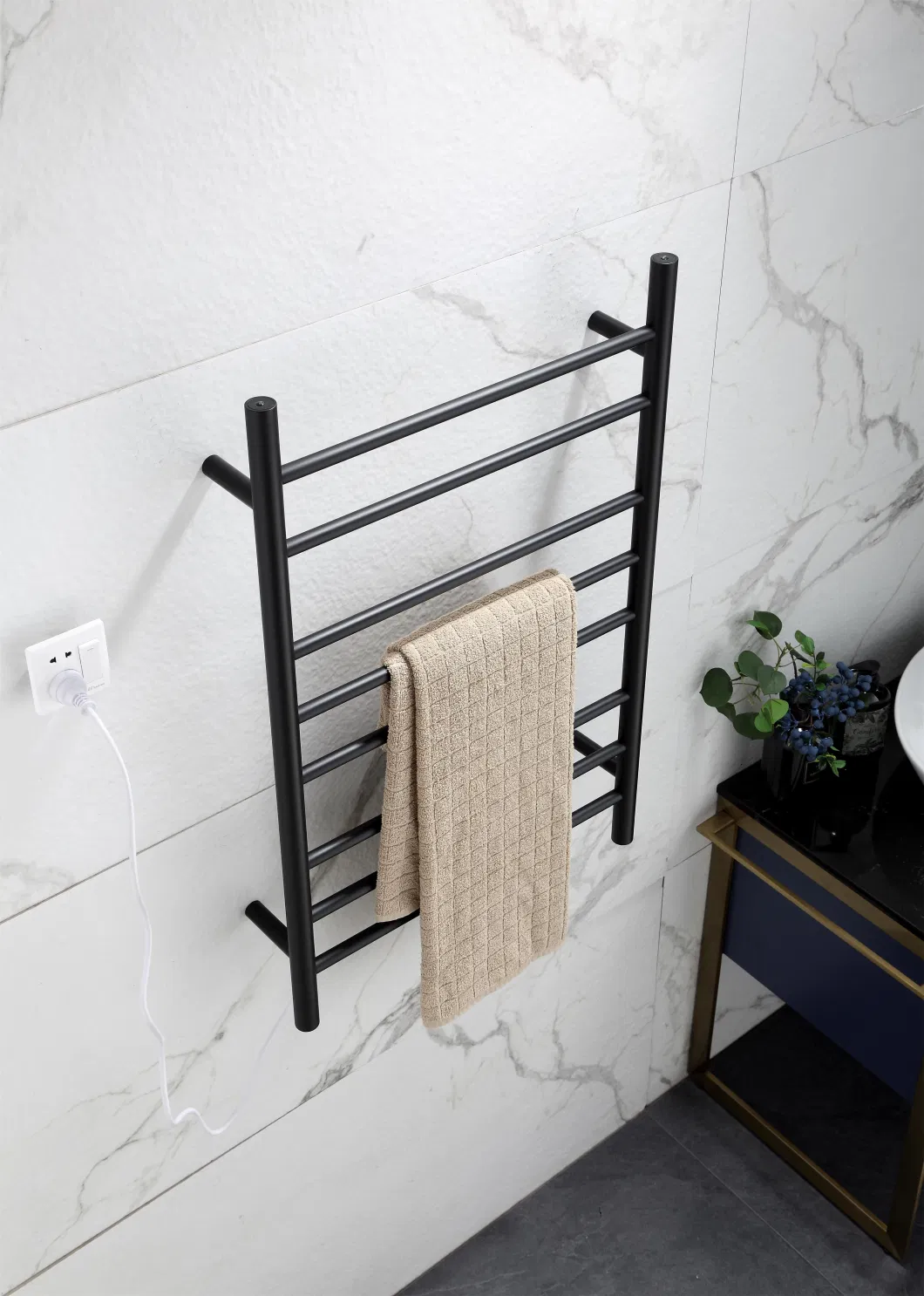 Towel Warmer Matt Black for Bathroom Wall Mounted Bath Towel Heater Plug-in Electric Heated Towel Rack Stainless Steel Round 8 Bars Drying Rack