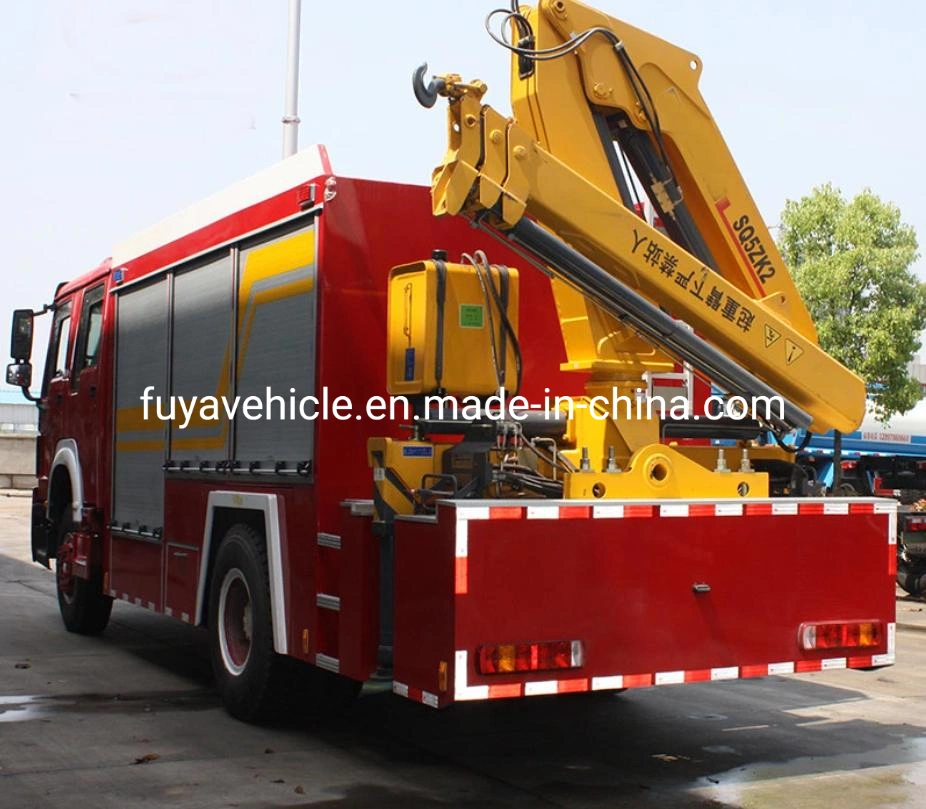 Sinotruk HOWO Fire Engine Truck 5tons 5cbm 5000liters Water Tank Fire Rescue Truck with 5 Tons Powerful Crane for Sale