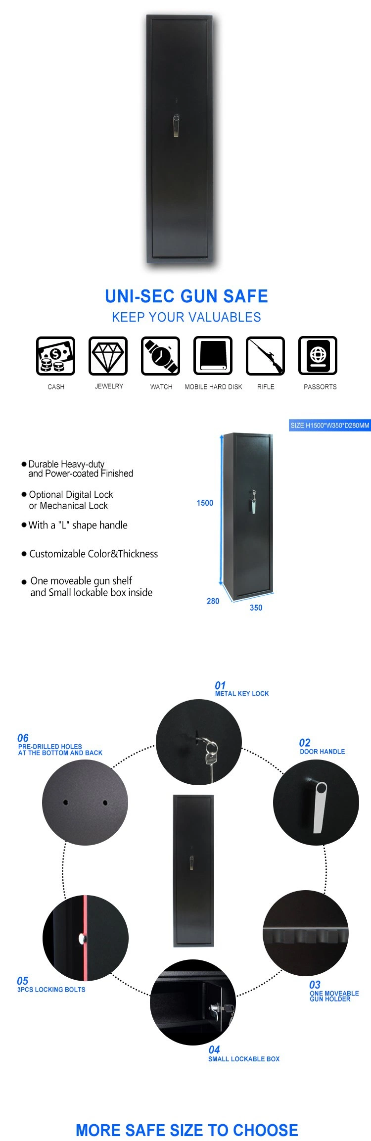 Uni-Sec Fast Shipping Gun Cabinet Safe Popular Gun Safe Rafid Gun Safes Supplier From China (USG-1535MG6)